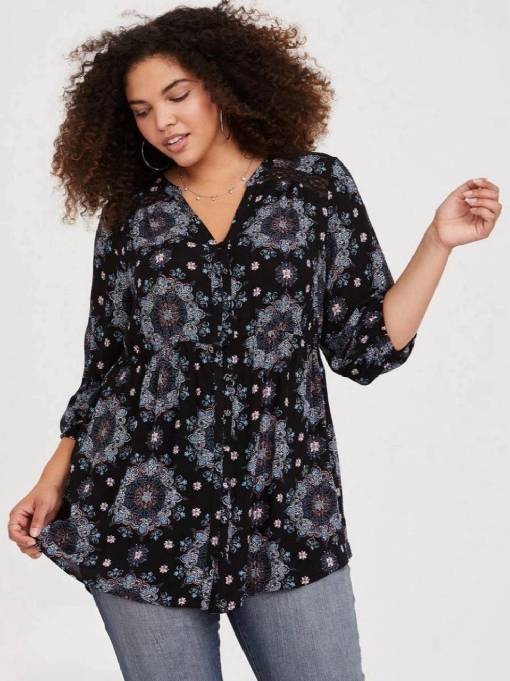 Torrid Women's Black Floral V-Neck Tunic Peasant Blouse